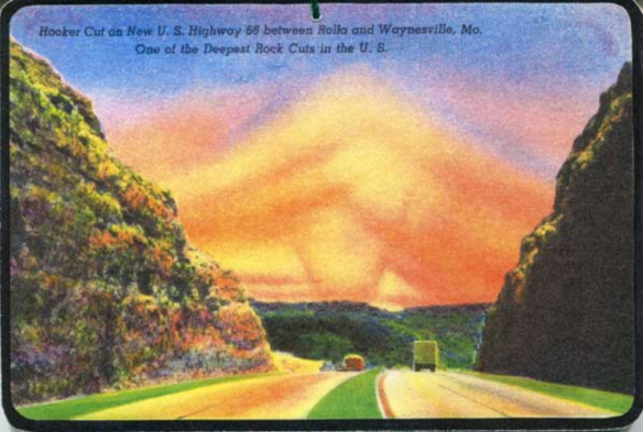 Vintage linen postcard depicting Hooker Cut on Route 66 in Pulaski County, Missouri