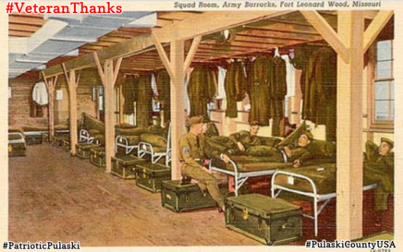 A squad room at Fort Leonard Wood, Missouri is the subject of this vintage postcard.