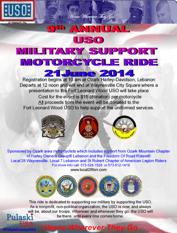 USO Military Support Motorcycle Ride rides Route 66 from Lebanon to Waynesville Square June 21st.